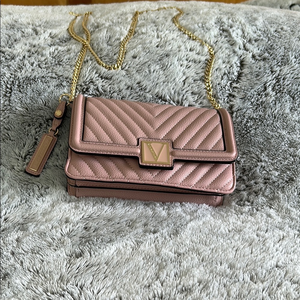 Victoria's Secret Pink and Gold Crossbody Bag with Quilted Design
